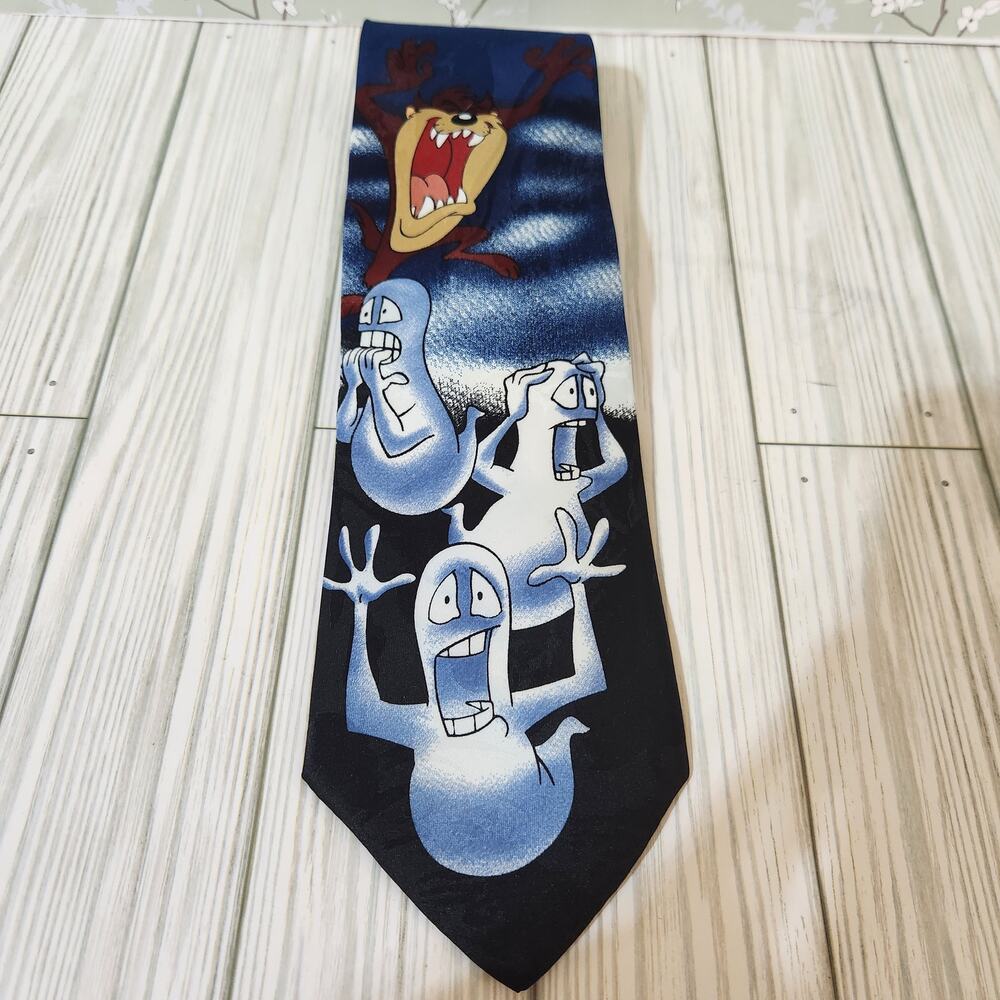 Vintage Looney Tunes Mania Blue Tasmanian‎ Devil Ghost Halloween 1996 Men's Tie